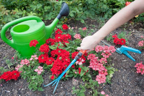 The image depicts a section of a well-maintained garden with a variety of flowering plants, predominantly red and pink, arranged in a flower bed bordered by dark, moist soil. A person's hand, holding a small gardening fork, is working among the flowers, indicating active maintenance or planting. To the left, there is a bright green plastic watering can placed on the soil, suggesting ongoing watering habits. The garden features lush greenery in the background, with dense foliage and leafy plants providing a natural backdrop. The environment appears to be outdoors during daylight, with natural light illuminating the scene, creating clear visibility of plant colors and textures. The overall setting suggests an organized and cared-for garden space, suitable for outdoor gardening services in Notting Hill or nearby areas, reflecting typical small to medium-sized residential garden design. The scene emphasizes routine garden upkeep, including watering, planting, and pruning activities carried out by a gardening professional or enthusiast, with a focus on vibrant, healthy plants and a tidy outdoor environment.