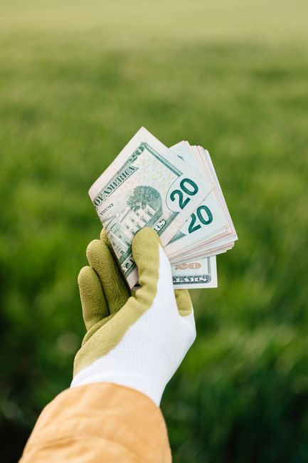 A close-up image showing a person's hand wearing a light blue gardening glove, gently holding a round wall clock with a white face, black numerals, and black hour and minute hands, which indicates the